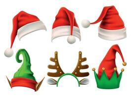 jul Semester hatt. rolig 3d älva, snö ren och santa claus hattar för noel. älvor kläder isolerat vektor uppsättning