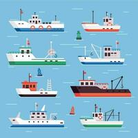 eben Angeln Boote. kommerziell Fischerei Schiffe, Meeresfrüchte Industrie Schiff und Fischer Boot Vektor Sammlung