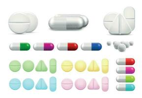 isolerat sjukvård vit biljard, antibiotika eller smärtstillande läkemedel. vitamin piller, antibiotikum kapsel och farmaceutisk läkemedel vektor uppsättning
