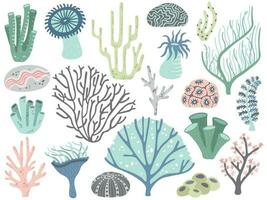 Aquarium Korallen und Seetang. Marine Ozean Koralle Flora, Dekor unter Wasser Algen und anders Wasser Pflanzen Karikatur Vektor einstellen