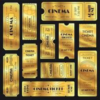 realistisch golden Show Fahrkarte. alt Prämie Kino Eingang Eintrittskarten. Gold Eintritt zu Film Theater oder Amüsement zeigt an Vektor einstellen