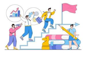 Vektor Illustration von Geschäftsmann Laufen oben das Treppe zu das Ziel, Zusammenarbeit, Werdegang Planung und Werdegang Entwicklung