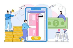 Vektor Illustration von Kauf Tickets online durch Internet Banken, Zahlung mit Handy, Mobiltelefon Anwendung mit Menschen Zeichen