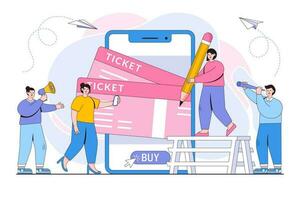 Vektor Illustration von Kauf Tickets online durch Smartphone und gedruckt Zeitplan Tickets von das Telefon mit Menschen Zeichen