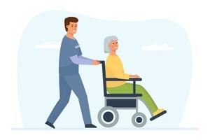 Ein medizinischer Mitarbeiter schiebt einen Rollstuhl mit einer älteren behinderten Frau