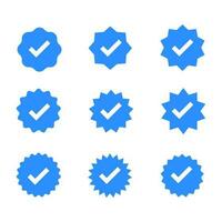 einstellen Vektor Symbol Blau verifiziert Abzeichen Symbol Vektor. Tick, prüfen Kennzeichen Nächster zu Sozial Medien Profil Bild