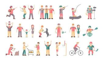 Menschen im anders Situationen und Posen. Freunde, Familie, Paar, Hobby, Sport. eben Symbole. Vektor Illustration.