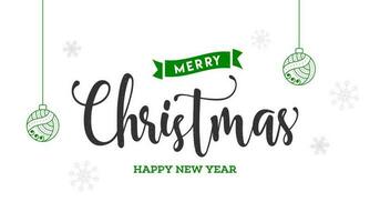 fröhlich Weihnachten und glücklich Neu Jahr Gruß Karte Design dekoriert mit hängend Kugeln und Schneeflocken auf Weiß Hintergrund. vektor