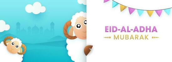 eid-al-adha mubarak text med två tecknad serie rolig får och flaggväv flaggor på vit papper och himmel blå silhuett moské bakgrund. vektor