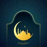 eid-al-adha Mubarak Text mit Halbmond Mond, ein Star und Moschee auf Blau Arabisch Muster Hintergrund. vektor