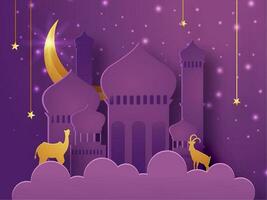 Papier Schnitt Illustration von Moschee mit Kamel, Ziege, golden Halbmond Mond und hängend Sterne auf lila Licht Auswirkungen Hintergrund zum islamisch Festival Feier, vektor