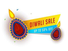 Diwali Verkauf Banner oder Poster Design mit Rabatt Angebot und beleuchtet Öl Lampen auf Weiß Hintergrund. vektor