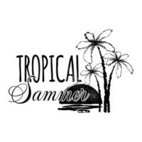 Beschriftung tropisch Sommer- mit Palme Bäume beim Sonnenuntergang, schwarz und Weiß skizzieren. Hand Zeichnung, Gekritzel, Vektor