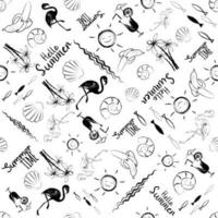 nahtlos Hintergrund mit Flamingos, Palmen, Sommer- Symbole, Zitate, schwarz und Weiß skizzieren. Hand Zeichnung, Gekritzel, Vektor