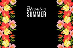 schwarzer festlicher Hintergrund mit Freesien- und Alstroemeria-Blumen vektor