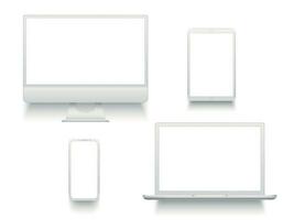 vit skrivbordet dator visa skärm smartphone läsplatta bärbar anteckningsbok eller bärbar dator. attrapp elektronik enheter vektor uppsättning
