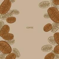 Vorlage mit Kaffee. Hintergrund mit Körner von Kaffee Farbe. Illustration von ein einstellen von Hand gezeichnet Kaffee Bohnen, Muster. zum Etikett, Druck, Verpackung, Karte, Hintergrund zum Text. Design Element. Vektor