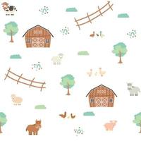 söt brun ladugröna träd staket gård tecknade djur sömlösa mönster på vit bakgrund vektor