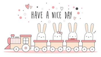 söt kanin kanin sitter på tåget hälsning tecknad klotter vektor