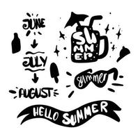 Sommer Silhouette Gekritzel Elemente mit Schriftzug Sommermonate Juni Juli August vektor