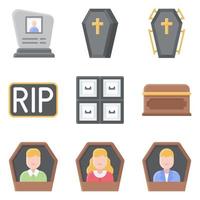 begravningsrelaterad vektor ikonuppsättning 3 platt stil
