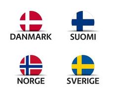 Dänemark Finnland Norwegen und Schweden Satz von vier dänischen finnischen norwegischen und schwedischen Aufklebern einfache Symbole mit Flaggen auf einem weißen Hintergrund isoliert vektor