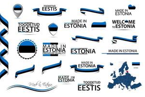 stor vektor uppsättning estniska band symboler ikoner och flaggor isolerad på en vit bakgrund gjord i estland och toodetud eestis på engelska och estniska premiumkvalitetsuppsättning för din infografik och mallar