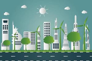vindkraftverk med träd och solrenergi med miljövänliga konceptidéer på stadsbakgrund vektor