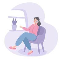 en kvinna sitter på en stol hemma och pratar i telefon och tittar ut genom fönstret tillbringar helgen hemma och kopplar av vektorillustrationen i platt stil vektor