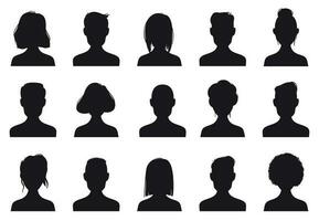 profil ikoner silhuetter. anonym människor ansikte silhuett, kvinna och man huvud avatar ikon. chatt manlig eller kvinna bilder vektor uppsättning