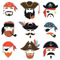 karneval pirat mask. rolig hav pirater hattar, resa bandana med dreadlocks hår och rök rör isolerat masker vektor uppsättning