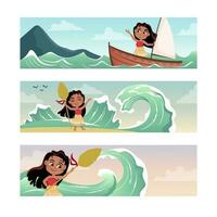 hawaiian flicka på de strand banderoller uppsättning vektor