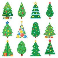 platt papper jul träd. vinter- högtider träd dekorerad stjärna, xmas kransar och ny år leksaker. gran vektor samling