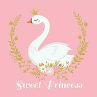 süß Schwan Prinzessin. schön See Schwäne Vogel im golden Krone, Süss Prinzessin Mädchen Geschenk Karte Vektor Illustration