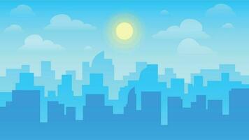 städtisch Stadtbild. Stadt die Architektur, Wolkenkratzer Gebäude und Stadt, Dorf Landschaft mit Sonne auf wolkig Himmel Vektor Hintergrund Illustration