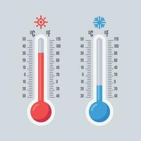 platt termometrar. varm och kall kvicksilver termometer med Fahrenheit och celsius vågar. värma och Häftigt temperatur vektor ikoner