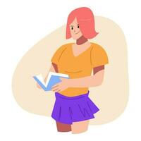 kort hår Söt flicka karaktär är läsning en bok. tonåring innehav en bok medan stående. tecknad serie platt vektor illustration