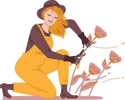 Gärtner Mädchen im Hut und Overall Arbeiten im das Garten, eben Vektor Illustration isoliert.