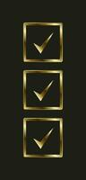 tre symboler av kolla upp lådor i guld Färg begrepp och urval symbol, ikon, mark vektor illustration