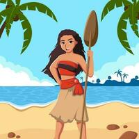 hawaiian flicka innehav en paddla på de strand vektor