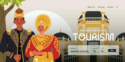 Landung Seite Design Idee Illustration zum Reise Tourismus Unternehmen mit indonesisch Kultur Hochzeit Kleid vektor