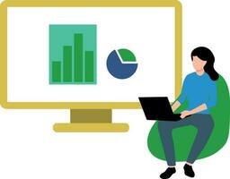 das Mädchen ist Arbeiten auf das Diagramm Graph auf das Monitor. vektor