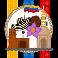 Kirche mit Hut und Kaffeebohne über einer Flagge von Kolumbien vektor