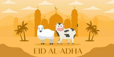 eid al Adha mubarak baner illustration med får och ko på silhuett moské bakgrund vektor