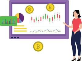 Mädchen suchen beim Bitcoin Analytik. vektor