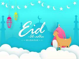 eid-al-adha Mubarak Festival Feier Poster oder Banner Design mit Karikatur Charakter von islamisch Mann und Ziege im Vorderseite von Moschee Silhouette. vektor