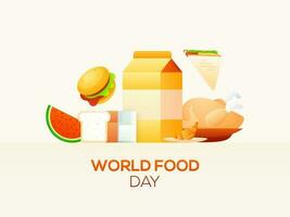 Welt Essen Tag Konzept basierend Poster Design mit Essen Elemente mögen wie Burger, Sandwich, Wassermelone, Huhn, brot, Croissant und Paket auf Weiß Hintergrund. vektor