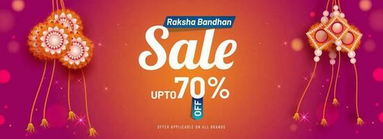 rabatt erbjudande för Raksha bandhan försäljning baner med skön rakhi handledsband på skinande rosa fläck bakgrund. vektor