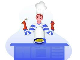 glücklich Koch Charakter präsentieren Gericht beim das Küche Tisch. vektor