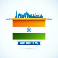 glücklich Republik Tag Poster Design mit indisch Flagge und Indien berühmt Monumente im Blau Farbe auf Weiß Hintergrund. vektor
